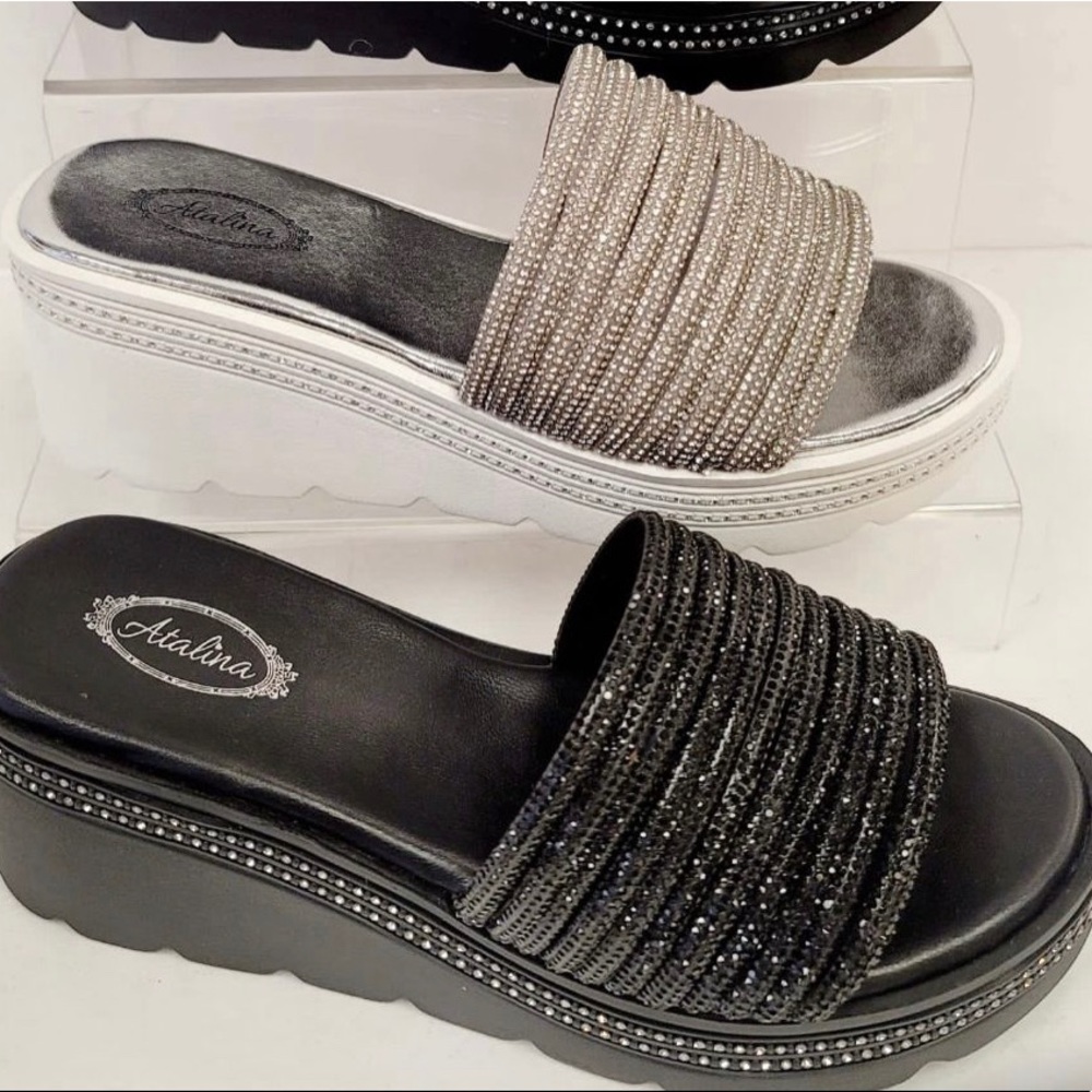 Italina Black Rhinestone Embellished open Toe Platform Wedge‎ Slide-In Sandal 6